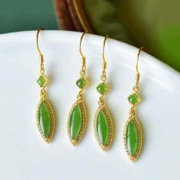 Boucles d'oreilles longues en diamant naturel Hetian Jade Design Original soleil feuille verte
