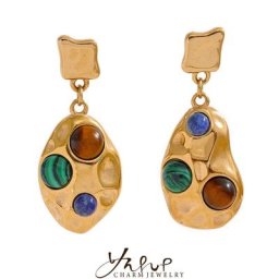 Yhpup-Boucles d'Oreilles en Pierre Naturelle Colorée Bijou en Acier Inoxydable Breloque ZA Métal