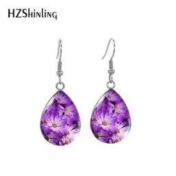 Boucles d'oreilles en acier inoxydable fleur violette pour la floraison peinture goutte d'eau