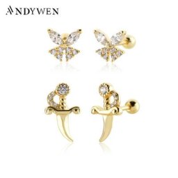ANDYWEN-Boucles d'Oreilles Papillon en Argent Sterling 925 et Or Piercing Bijoux de Mariage Fins