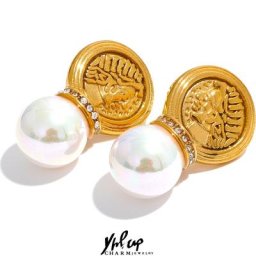 Yhpup-Boucles d'Oreilles Vintage Shell Pearl Gold pour Femme Acier Inoxydable Portrait Head Stud