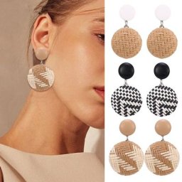 Boucles d'oreilles en bois pour femmes fait à la main style bohème rond en bois rotin tricot