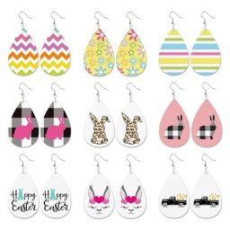Boucles d'oreilles en cuir imprimé lapin pâques en forme de goutte d'eau pour femme mignon dessin