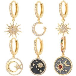 Boucles d'oreilles créoles en cristal pour femmes soleil lune étoile micro pavé CZ piercing