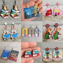 Boucles d'oreilles livre arc-en-ciel en bois crayons de couleur Van Gogh livre d'art pilier