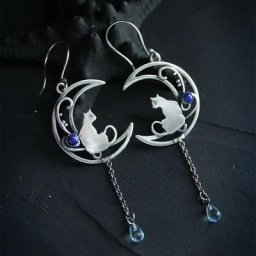 Boucles d'oreilles rétro en métal pour femmes sculpture de chat couleur argent lune chaîne