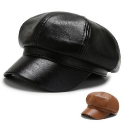 Béret en PU pour femme chapeau de peintre de rue vintage britannique bérets octogonaux avec lettre