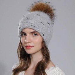 CNTANG – chapeau en fourrure de raton laveur naturelle avec pompon tricoté chaud avec strass pour