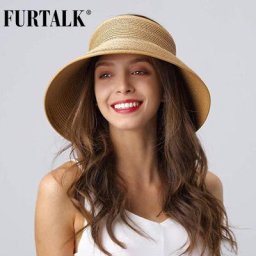 FURTALK-Chapeau pare-soleil en paille pour femmes couvre-chef de plage à large bord enroulable