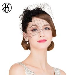 Fascinateurs d'élasticité pour femmes noir avec voile chapeaux de mariage blancs maille gaze