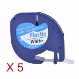 Ruban d'étiquettes en plastique compatible avec Dymo LetraTag 91201 noir sur blanc 12mm x 4m