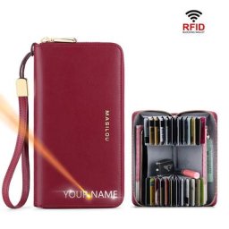Portefeuille RFID en cuir véritable pour femmes pochette à fermeture éclair porte-cartes