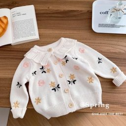 Cardigan Brodé Floral à Manches sulfpour Enfant Fille Manteau Patchwork à Volants Ajourés
