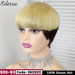 Perruques de cheveux humains droites coupe Pixie avec frange pour femmes noires blond miel ombré