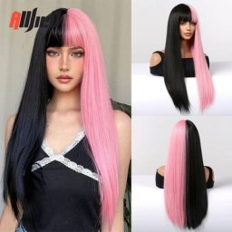 Perruques Synthétiques sulfDeux Tons avec Frange pour Femme Noir et Rose Couture Cheveux Raides