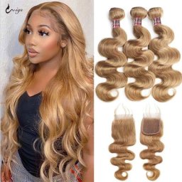 Tissage en lot brésilien naturel Body Wave avec closure couleur blond miel 10A #27