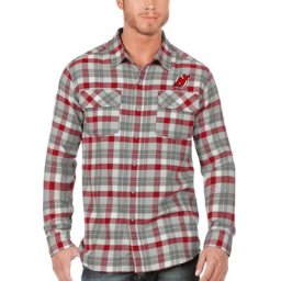 Chemise à manches longues boutonnée à carreaux New Jersey Devils Ease Antigua rouge/gris pour homme