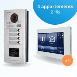 Portier interphone vidéo modern 2 fils - 4 appartements - 4 écrans tactiles smart 7" blanc - avec lecteur de badge