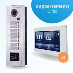 Portier interphone vidéo modern 2 fils - 8 appartements - 8 écrans tactiles smart 7" blanc - avec lecteur de badge