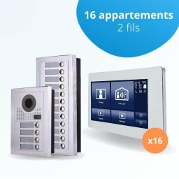 Portier interphone vidéo modern 2 fils - 16 appartements - 16 écrans tactiles smart 7" blanc