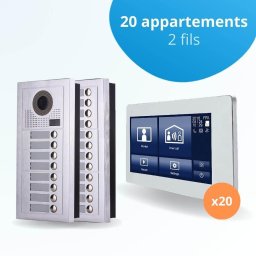 Portier interphone vidéo modern 2 fils - 20 appartements - 20 écrans tactiles smart 7" blanc