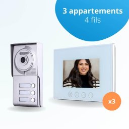 Portier interphone vidéo classic 4 fils - 3 appartements - 3 écrans blancs 7" - avec mémoire photos