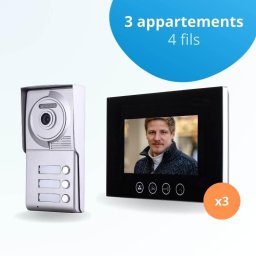 Portier interphone vidéo classic 4 fils - 3 appartements - 3 écrans noirs 7" - avec mémoire photos