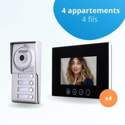 Portier interphone vidéo classic 4 fils - 4 appartements - 4 écrans noirs 7" - avec mémoire photos