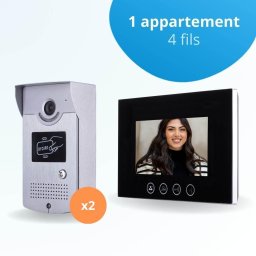 Portier interphone vidéo cards 4 fils pour 2 entrées - 1 appartement - 2 platines - 1 écran noir 7" - avec mémoire photos - avec lecteur de badge