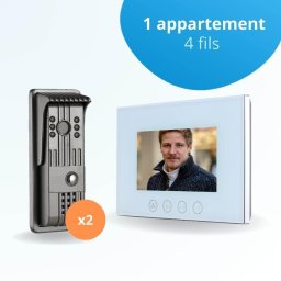 Portier interphone vidéo pili 4 fils pour 2 entrées - 1 appartement - 2 platines - 1 écran blanc 7" - avec mémoire photos