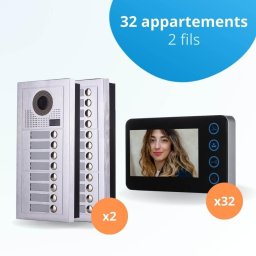 Portier interphone vidéo modern 2 fils - 32 appartements - 32 écrans noirs