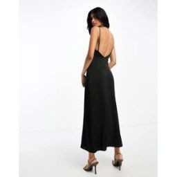 Vila - Robe longue en satin Ã col bÃ©nitier - Noir Noir 44 female