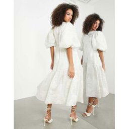 ASOS EDITION - Robe mi-longue Ã volants en jacquard fleuri mÃ©tallisÃ© - Ivoire-Blanc Blanc 32 female