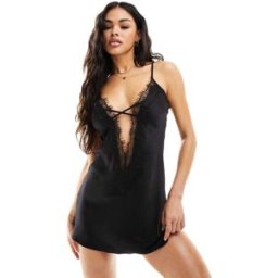 Ann Summers - Cherryann - Nuisette en satin bordÃ©e de dentelle - Noir Noir S female