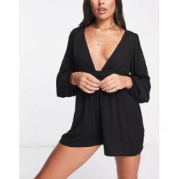 ASOS DESIGN - Combishort de plage Ã manches volumineuses et dÃ©colletÃ© plongeant - Noir Noir 32 female