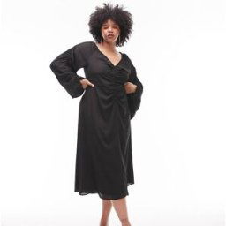 Topshop Curve - Robe mi-longue Ã manches froncÃ©es - Noir-Black Black 42 female