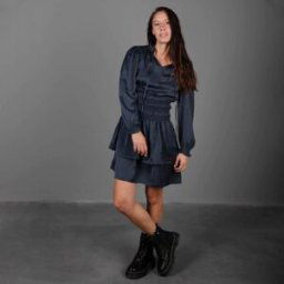 Robe élastiquée à la taille à volants effet soie bleu nuit Femme DEELUXE 74