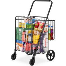 VEVOR Chariot de Courses Pliable Charge 50 kg 4 Roulettes Chariot de Supermarché Plus de 85 L avec 2 Paniers Charrette de Courses en Fer avec Doublure Étanche pour Transporter Ranger Linge Épicerie