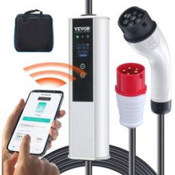 VEVOR Chargeur EV Portable Type 2 IEC6219 Chargeur Voiture Électrique 16 A 3,68 kW Monophasé 11 kW Triphasé Câble de Charge 7,5 m Prise CEE 16 LCD IP66 avec Sac de Rangement Crochet de Câble de Charge
