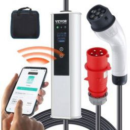 VEVOR Chargeur EV Portable Type 2 IEC6219 Chargeur Voiture Électrique 32 A 7,36 kW Monophasé 22 kW Triphasé Câble de Charge 7,5 m Prise CEE 32 LCD IP66 avec Sac de Rangement Crochet de Câble de Charge