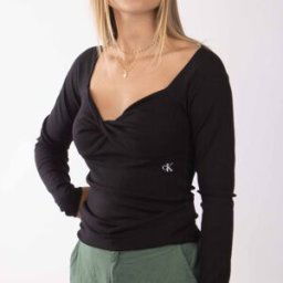 Haut manches longues côtelé grand décolleté drapé Femme CALVIN KLEIN