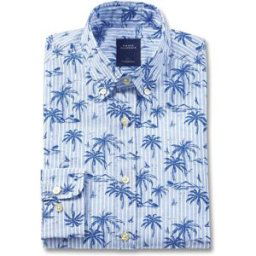 Pierre Clarence Chemise droite coton et lin imprimé palmiers col boutonné 45-46