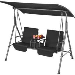 VEVOR Balancelle de terrasse 2 places, balançoire d'extérieur avec auvent réglable de porche, sac de rangement, plateau rotatif, tissu Oxford, cadre acier allié pour balcon, jardin, bord piscine, noir