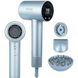 VEVOR Sèche-cheveux haute vitesse avec moteur sans balais 105000 tr/min, 200 millions d'ions négatifs, 4 températures et 3 vitesses, thermo-contrôle avec écran LCD diffuseur et buse pour maison voyage
