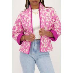 Veste kimono beigeà imprimé fleuri rose et violet My Jewellery Rose/Beige femme