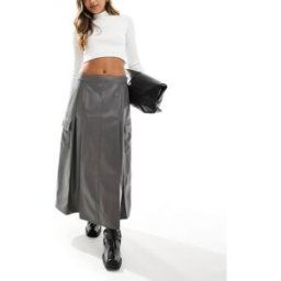 ASOS DESIGN - Jupe plissÃ©e mi-longue en similicuir avec poches - Gris-Bleu Bleu 38 female