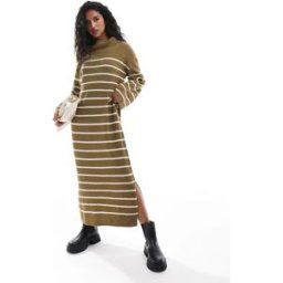 Vila - Robe longue en maille rayÃ©e avec col montant - Vert olive Vert XS female