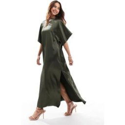 ASOS DESIGN - Robe t-shirt mi-longue en satin - Kaki-Vert Vert 34 female