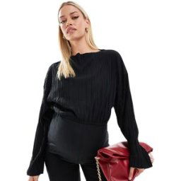 Mama.licious Mamalicious - Crop top d'ensemble de grossesse Ã manches longues en tissu plissÃ© - Noir Noir S female
