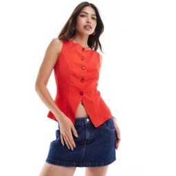 ASOS DESIGN - Veston long en lin mÃ©langÃ© - Rouge Rouge XS female